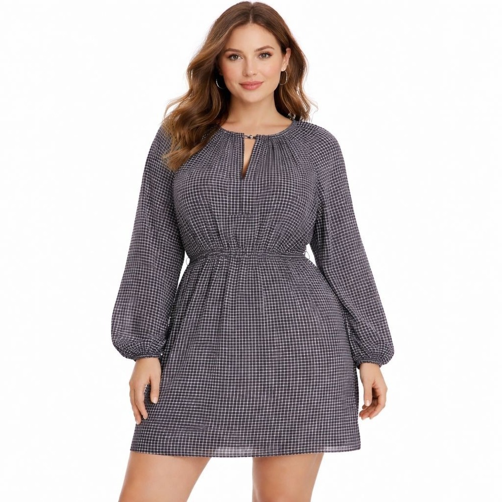 STUDIO M Black Plaid Long‎ Sleeve Keyhole Neck Elastic Waist Mini Dress M New